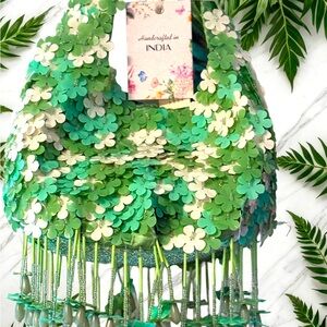 NWT Green White Fringe Beaded Handbag Made in India